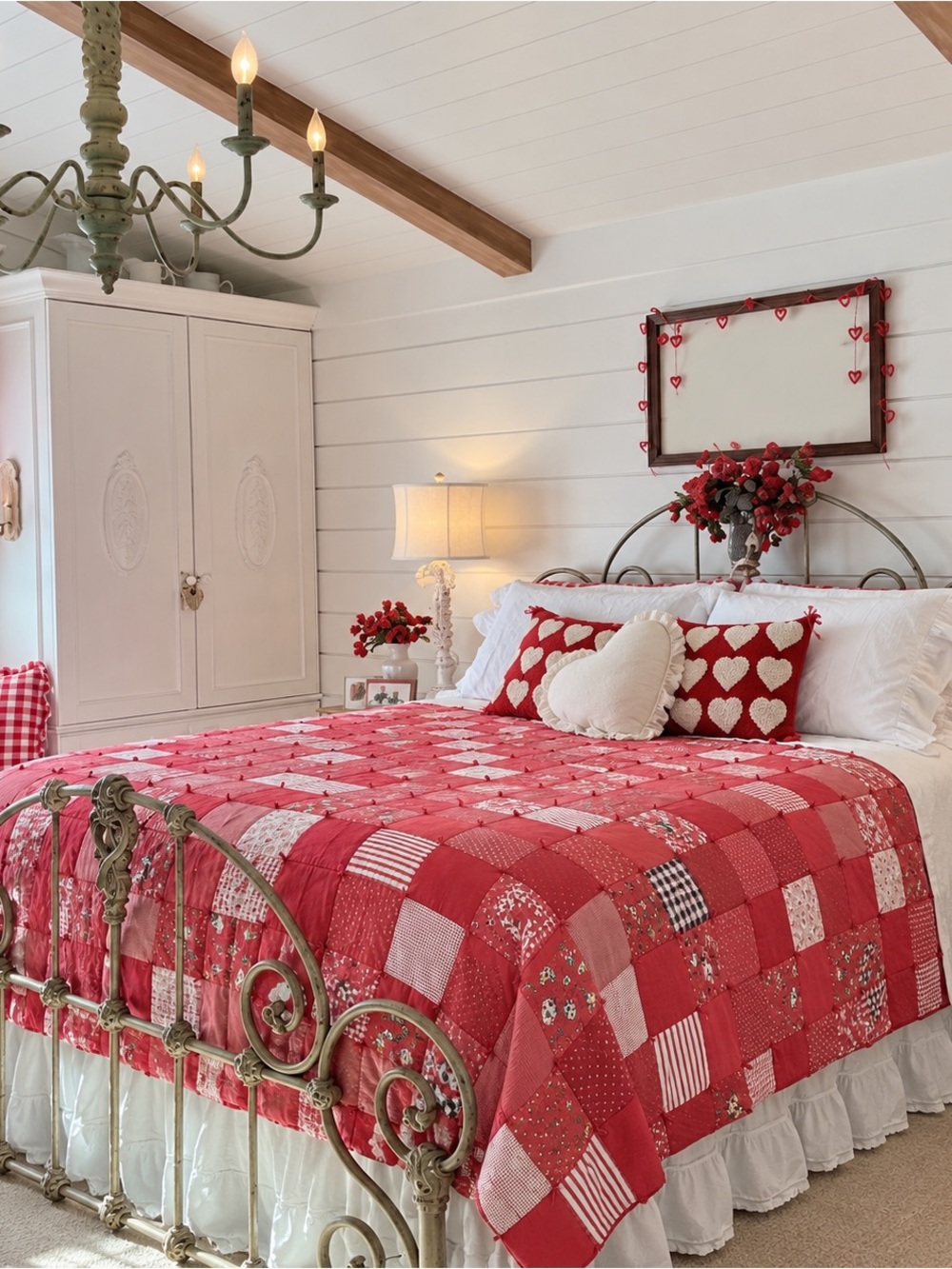 Handmade Vintage Red Patchwork Tied Quilt 75” x 80” Lightweight Farmhouse